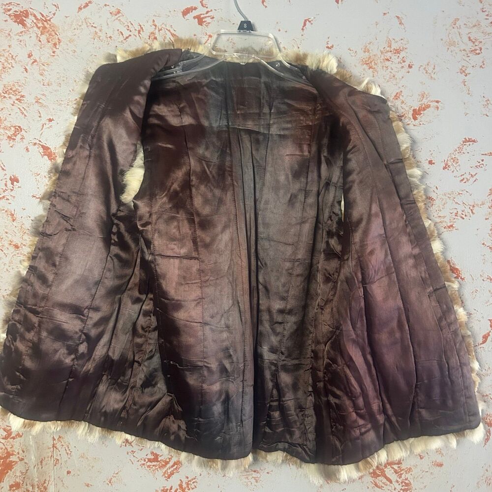 Boho Embroidered Faux Fur Trim Vest Brown Faux Suede Western Festival Small - Picture 4 of 9